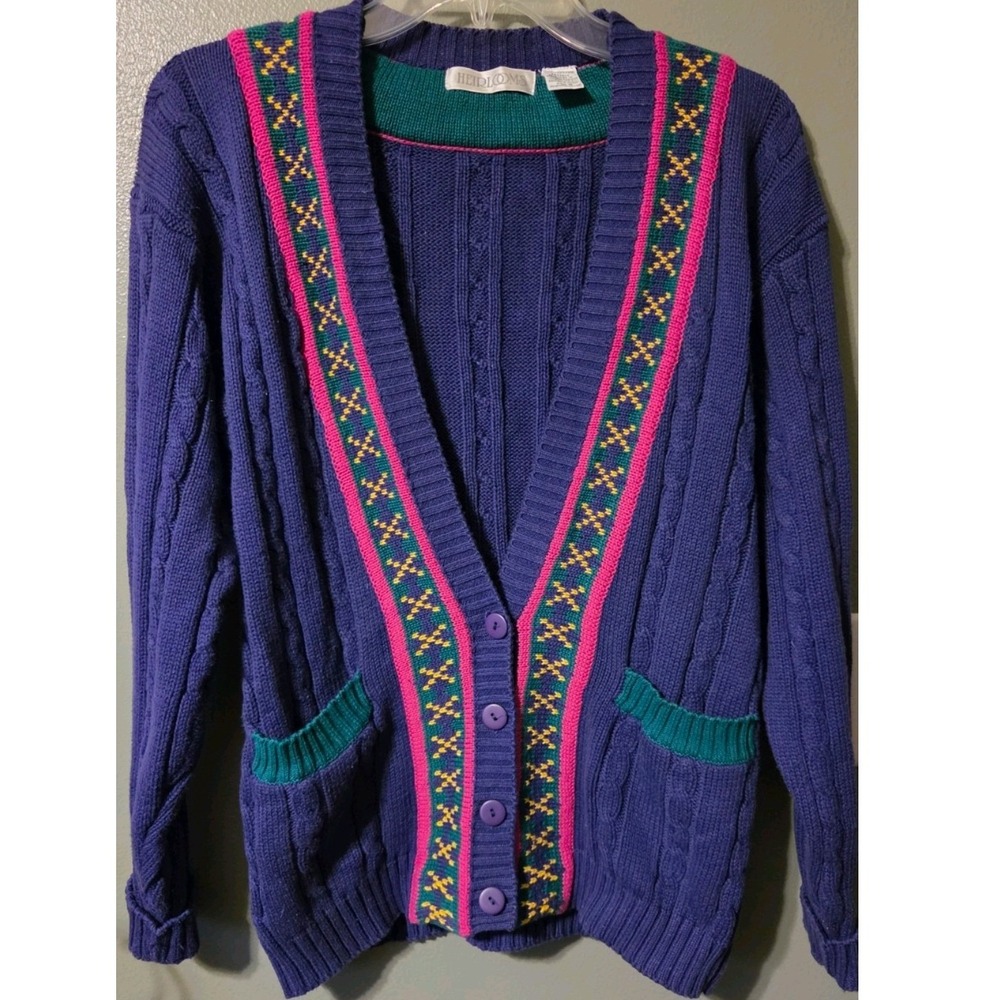 Heirlooms Vintage Purple Cable Knit Cardigan Sweater Cotton Fair Isle Trim Small
